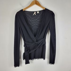 Maeve Y2K Sheer Nylon Mesh Belted Knot Front Long Sleeve Deep V Neck Blouse